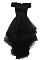 black off shoulder tulle and lace high low homecoming Dresses 2025 black prom Dresses