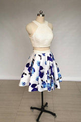 Two Piece Ivory Jewel Floral Print Satin Short Homecoming Dresses With Pearls