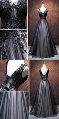 Chic A Line V Neck Floor Length Tulle Black Applique Long Prom Dresses, Evening Dresses