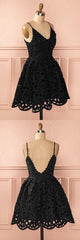 A Line Spaghetti Straps Backless Short Black Lace Homecoming Dresses