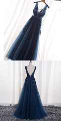 Elegant Navy Blue Prom Dresses, Long Backless Prom Dresses, Prom Dresses With Appliques