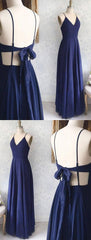 Great Evening Dresses, Backless Sexy Spaghetti Straps Backless Navy Blue Chiffon A Line Floor Length Prom Dresses