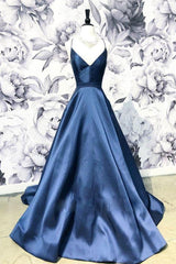 A Line Blue Spaghetti Straps Satin Prom Dresses, V Neck Blue Sexy Evening Party Dresses