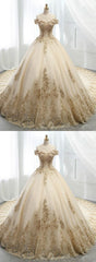 Champagne Ball Gown Tulle Gold Lace Appliques Wedding Dresses