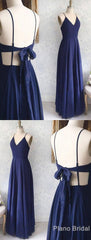 Great Evening Dresses, Backless Sexy Spaghetti Straps Backless Navy Blue Chiffon A Line Floor Length Prom Dresses