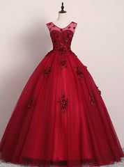 Get Your Discounts Burgundy Ball Gown Tulle Appliques V-neck Quinceanera Dress