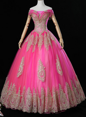 Get Your Discounts Fuchsia Ball Gown Tulle Appliques Beading Off the Shoulder Quinceanera Dresses