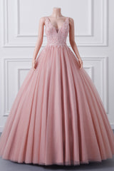 Girls Sequins V neck Dusty Rose Prom Dresses A-line Tulle Ball Gown Quinceanera Dress Sweet 16 Party Dresses