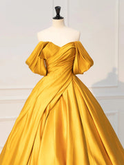 Glam Gold Satin Ball Gown Floor Length Formal Dresses, Gold Prom Dresses Party Dresses