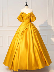 Glam Gold Satin Ball Gown Floor Length Formal Dresses, Gold Prom Dresses Party Dresses