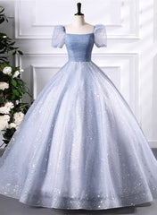 Glam Tulle  Floor Length Prom Dresses, Beautiful Short Sleeves Sweet 16 Dresses