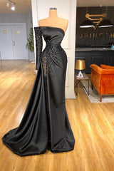 Glamorous Black Long Sleeve One Shoulder Prom Dresses Beadings Evening Gowns