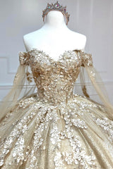 Glamorous Gold Sweetheart Ball Gown with Cape Sleeves Quinceanera Dresses