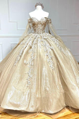 Glamorous Gold Sweetheart Ball Gown with Cape Sleeves Quinceanera Dresses