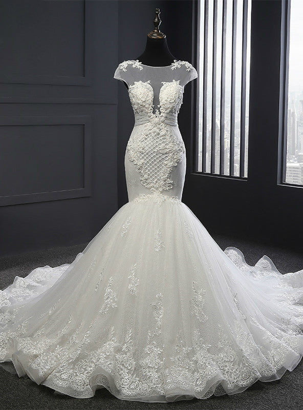 Glamorous Wedding Dresses Mermaid Wedding Dress Appliques Scoop Neck