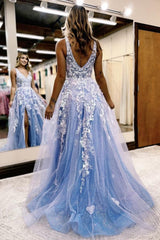 glitter blue lace a line long prom dress with flowers and pockets