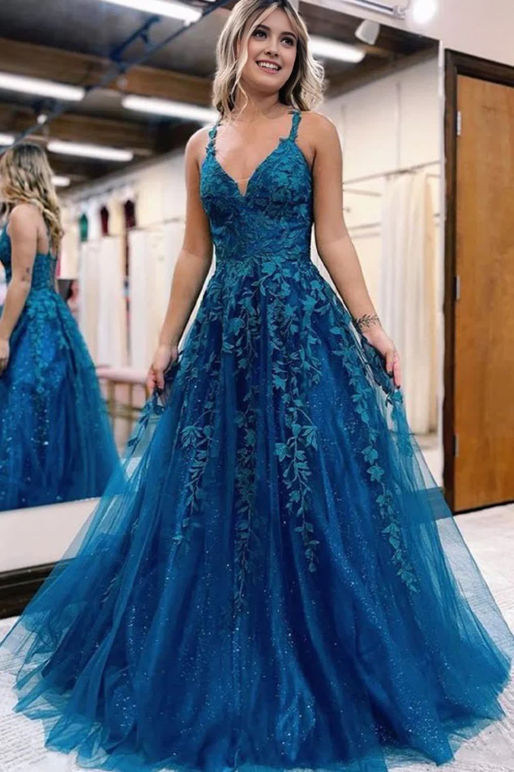 glitter blue lace a line long prom dress