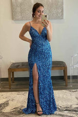 Glitter Blue V-Neck Long Prom Dresses with Tassel