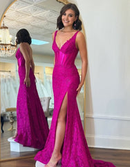 Glitter Fuchsia Mermaid Sweep Train Prom Dresses With Slit