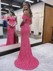 Glitter Mermaid One Shoulder Pink Long Prom Dress With Slit