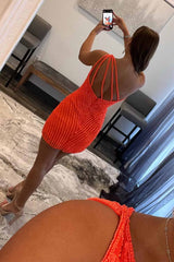 Glitter Orange One Shoulder Beaded Tight Homecoming Dress