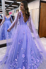 glitter purple a line long prom dress with 3d flowers