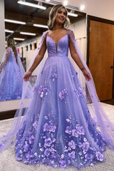 glitter purple a line long prom dress with 3d flowers