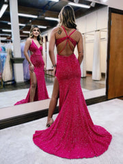 Glitter Red Mermaid V Neck Cut Out Prom Dresses with Slit