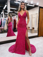 Glitter Red Mermaid V Neck Cut Out Prom Dresses with Slit