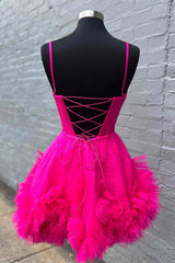 Glitter Straps Hot Pink Ruffle A-Line Homecoming Dresses