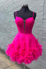 Glitter Straps Hot Pink Ruffle A-Line Homecoming Dresses