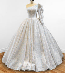 Glitter White Sequined One Shoulder Ball Gown Quinceanera Dress