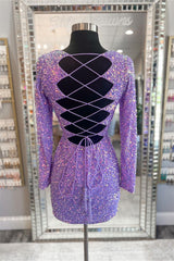 Purple Lace-Up Sequins Plunging V Neck Long Sleeves Sheath Homecoming Dresses