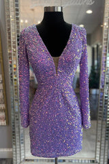 Purple Lace-Up Sequins Plunging V Neck Long Sleeves Sheath Homecoming Dresses