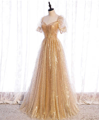 Gold Aline Tulle V Neck Long Prom Dresses, Gold Formal Dresses