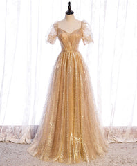 Gold Aline Tulle V Neck Long Prom Dresses, Gold Formal Dresses