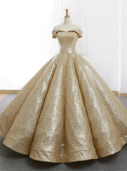 Gold Ball Gown Sequins Off The Shoulder Appliques Wedding Dress