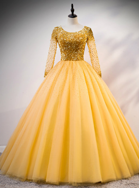 Gold Ball Gown Tulle Sequins Long Sleeve Backless Quinceanera Dress