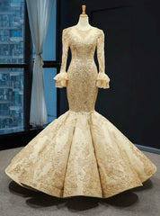 Gold Mermaid Satin Lace Appliques Long Sleeve Luxury Prom Dresses