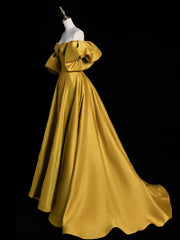 Gold Satin A-line Lace-up Long Party Dresses with Sleeves, Gold Satin Prom Dresses