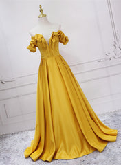 Gold Satin A-line Sweetheart Long Junior Prom Dresses, Floor Length Satin Evening Dresses