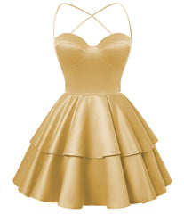 Gold Satin Homecoming Kleid Schatz Nackenstufe Kurzabstiegskleider