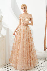 Gold Sequin Off the Shoulder A-line Floor Length Lace Prom Dresses