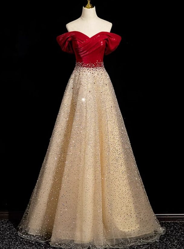 Gold Sequins Off the Shoulder Crystal Prom Dress