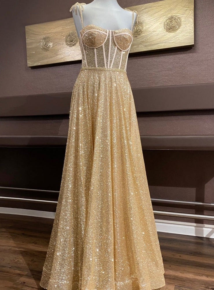 Gold Sequins Spaghetti Straps Sexy Prom Dress