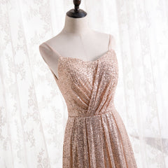 Gold Sequins Sweetheart Simple Spaghetti Straps Long Party Dresses, Sequins Prom Dresses Bridesmaid Dresses