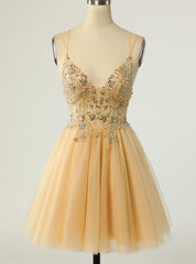 Gold Tulle Double Straps Beading Sequins Homecoming Dresses