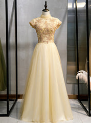 Gold Tulle High Neck Beading Open Back Prom Dresses