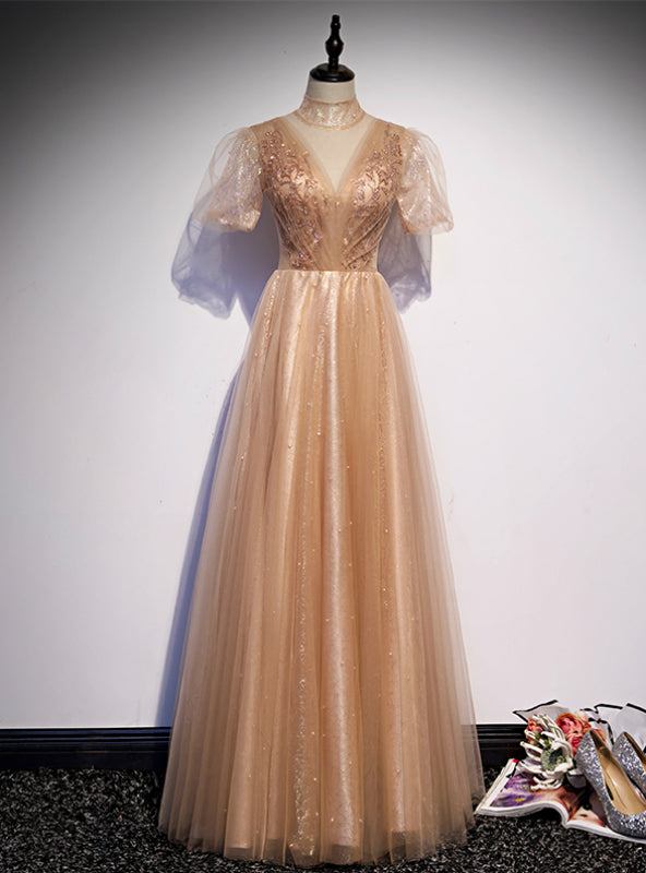 Gold Tulle High Neck Short Sleeve Beading Prom Dress