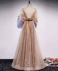 Gold Tulle Long Prom Dresses, A line Gold Formal Graduation Party Dresses